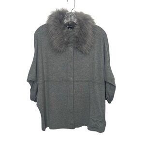 Renuar Knit Cardigan Sweater Womens Large Gray New Faux Fur Removable Collar